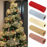 26cm 10Yards Christmas Mesh Ribbon Glitter Mesh Roll for Christmas Tree Decorations Home Door Wreaths Garland Xmas Gifts Packing